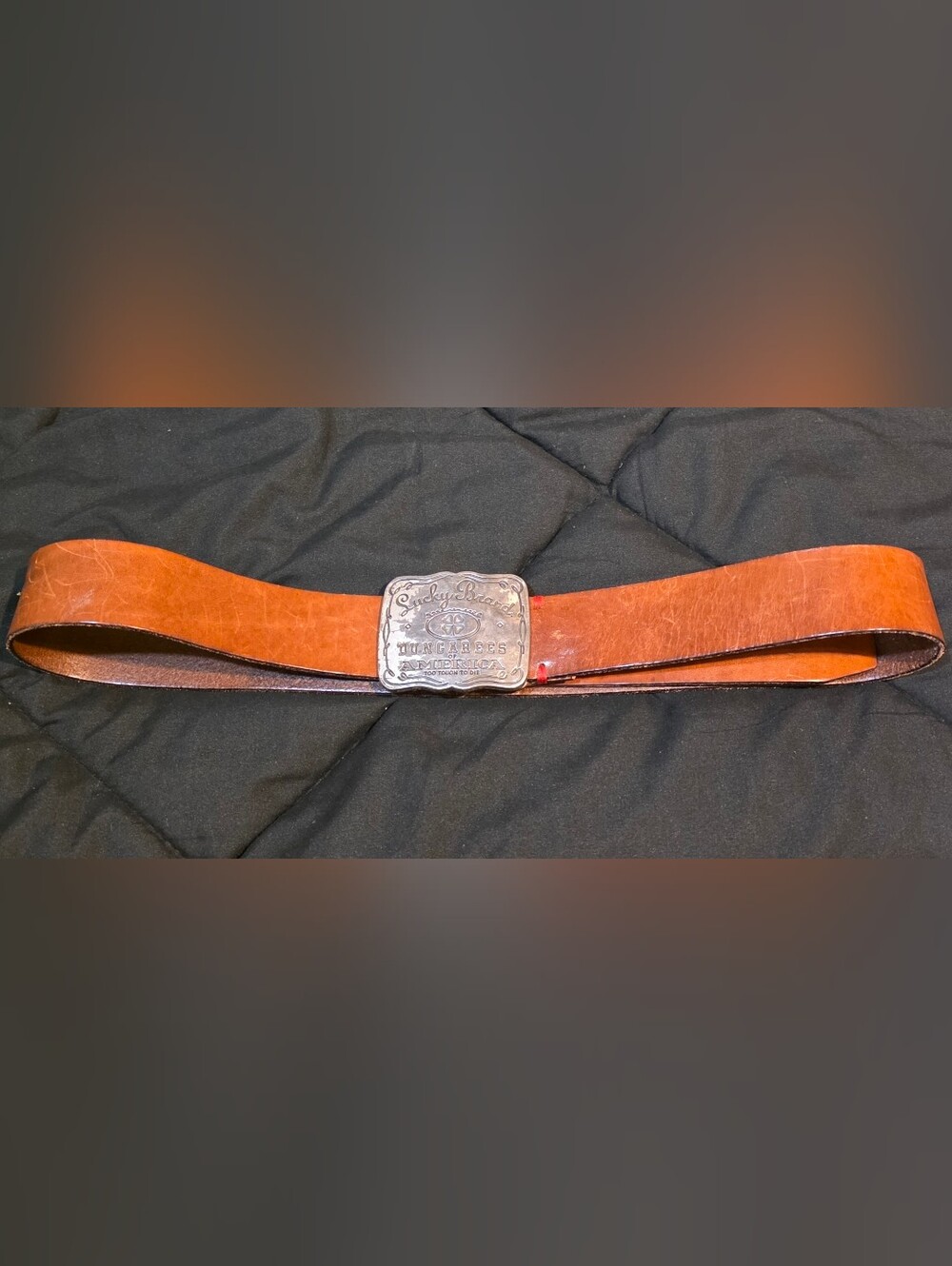 Vintage Women's Lucky Brand Leather Belt - Too Tough To Die Buckle - M